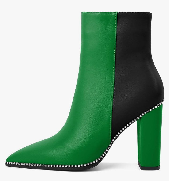 Womens Pointed Toe Beaded Chunky Ankle Boots Side Zipper 3.5 Inches