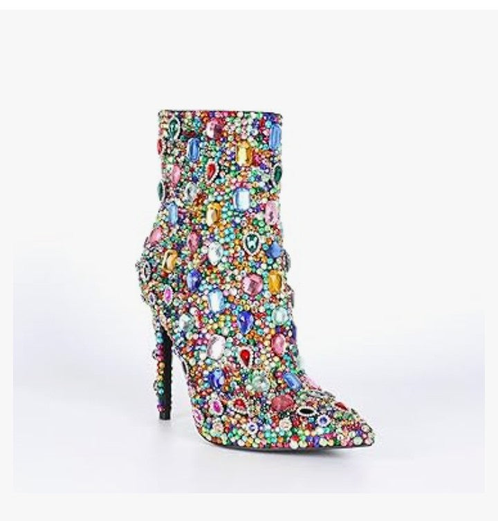 Women's Rhinestone High Heel Boots,Glitter Side Zipper Ankle Boots Sparkly Cowgirl Pointed Toe Stiletto Heel Party