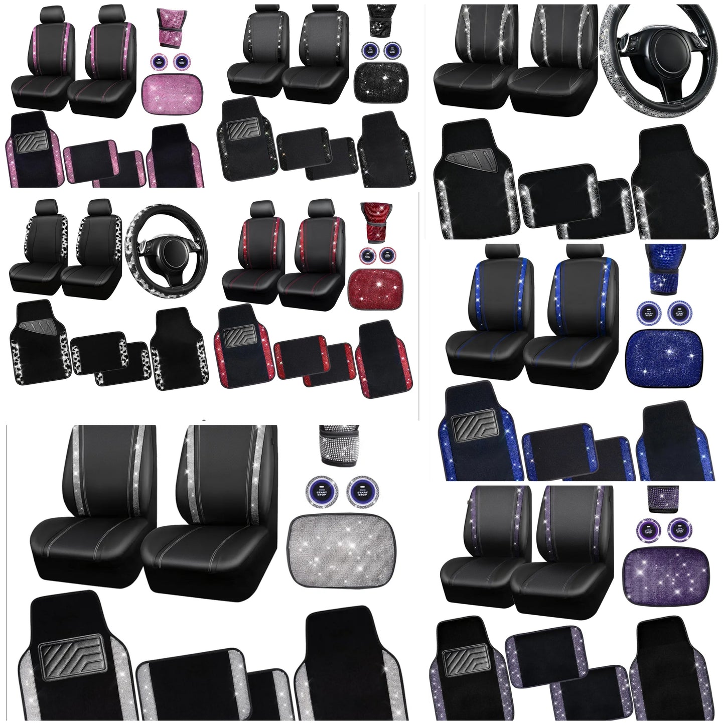 Bling Rhinestone Diamonds Car Seat Covers Leather Shining Diamond Car Floor Mats Carpet with Anti-Slip Nibs Bling Car Accessories Sets Glitter Crystal Combo Set