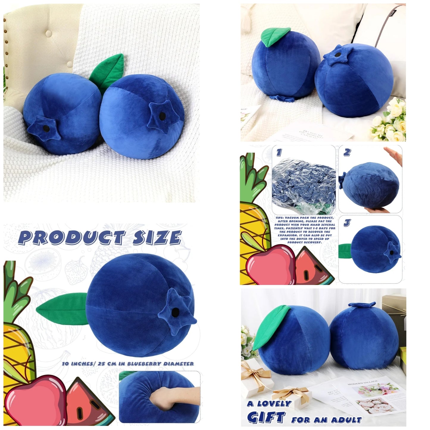 Decorative Cute Blueberry Plush Pillow Kawaii Fruit Stuff Hugging Plushies Gift Soft Novelty Pillow Cushion Seat Decor for Home