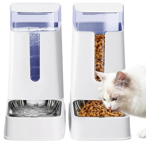 Automatic Pet Feeder and Pet Water Dispenser Set with Stainless Steel Bowls Gravity Dog Feeder for Small Medium Big Dog Pets Puppy Kitten, 1 Gallon x 2 (Pink)