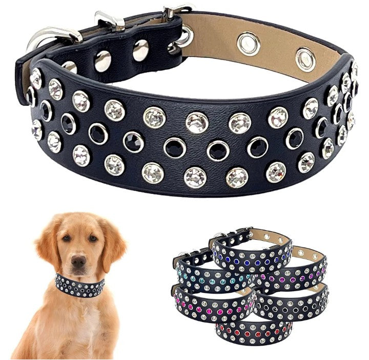 Rhinestone Pet Collar with Fancy Aqua Bling Stones Studded in Wide Black Microfiber Leather, Designer Details Adjustable for Boy and Girl Pets