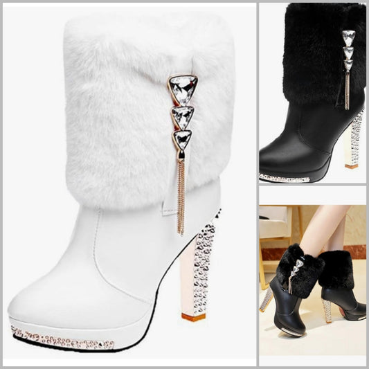 Plush Ankle Boots,Fashion Rhinestones Deco Side Zipper Non-slip Warm Closure Chunky High Heel Snow Boots