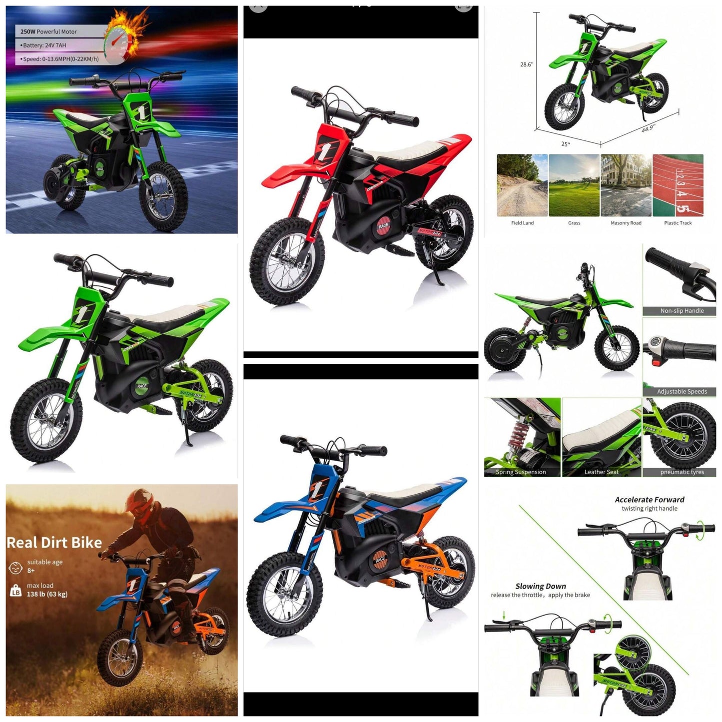 24V Electric Off-Road Motorcycle,250W Motor 13.6MPH Fast Speed Motocross,Leather Seat Dirt Bike,Twist Grip Throttle,Metal Suspension,Air-Filled Tires,For Kids Teens Age 8+