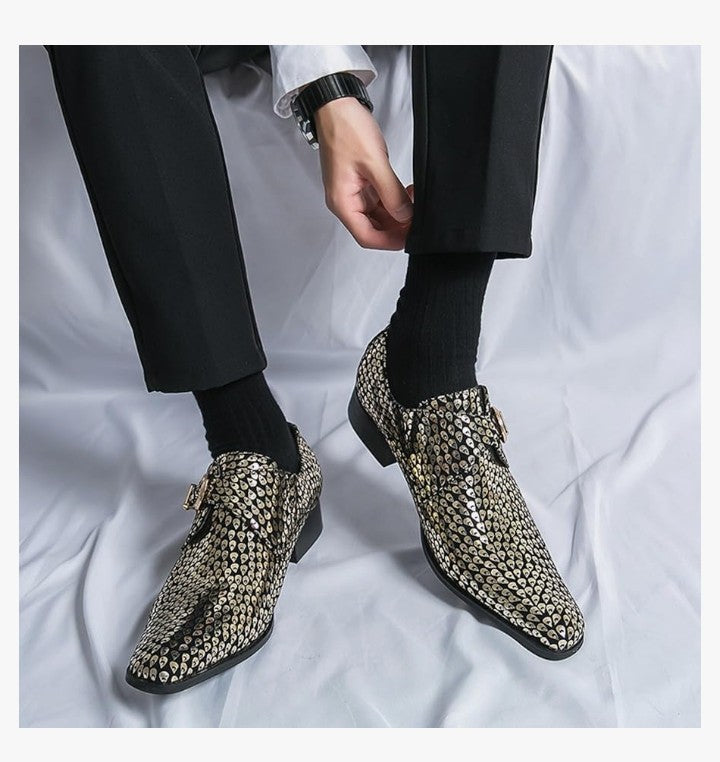 Men'S Sparkling Printed Buckle Chelsea Boots Stylish Pointed Toe Slip-On Low Top Ballroom Party