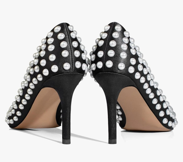 Sexy Stiletto High Heel Pumps Chic Pearl Studded Slip-on Shoes Satin Pointed Toe Fashion Dress