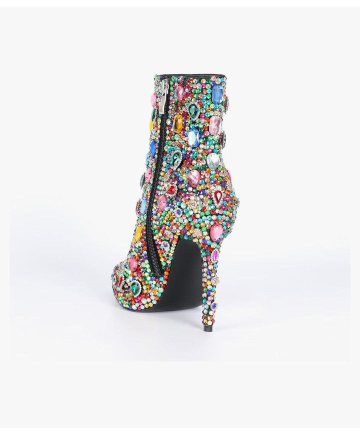 Women's Rhinestone High Heel Boots,Glitter Side Zipper Ankle Boots Sparkly Cowgirl Pointed Toe Stiletto Heel Party