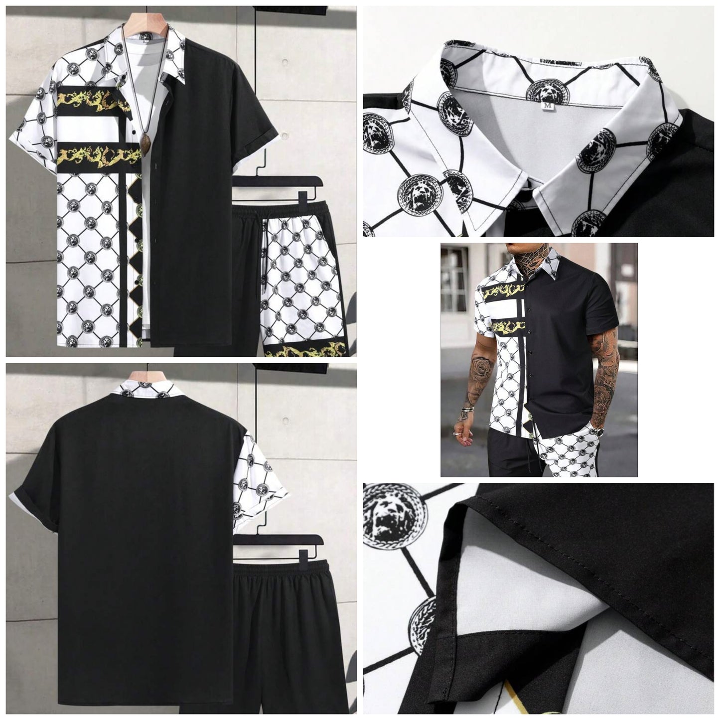 2 Pcs Men's Baroque Printed Button Down Short Sleeve Shirt And Shorts Set Tracksuit Beach Vacation Sets, For Summer,For Boyfriend Gift COCOMONEY