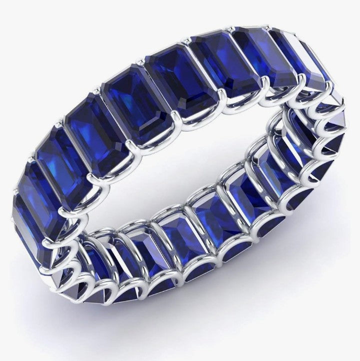 COCOMONEY Natural and Certified Gemstones Wedding Ring in 14K White Gold | Emerald Cut Full Eternity Stackable size 7