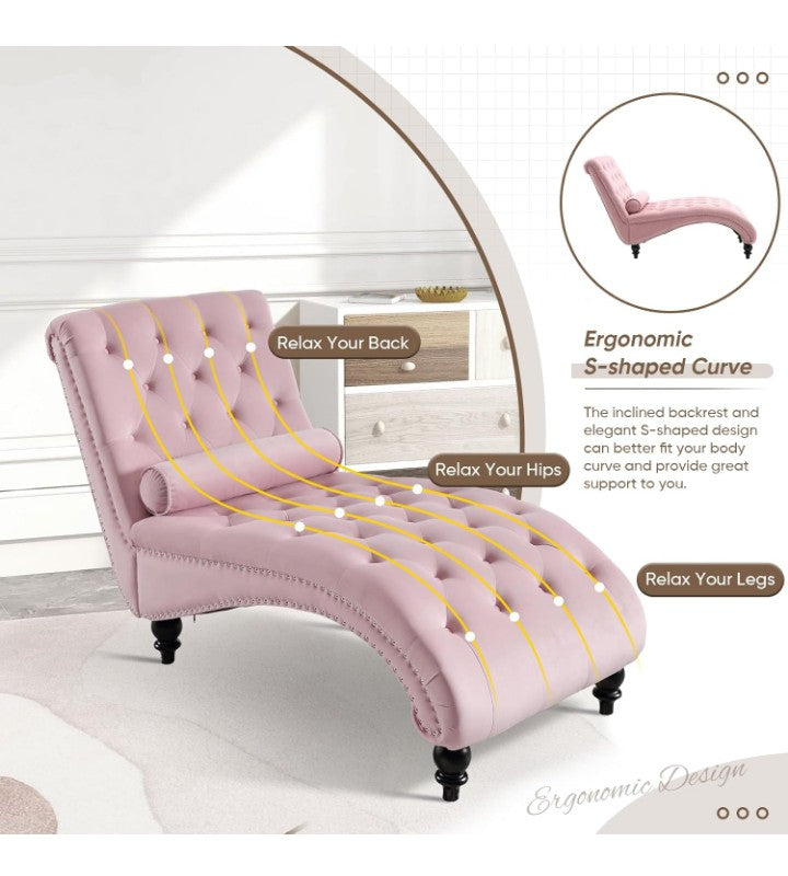 Velvet Chaise Lounge Indoor with Toss Pillow, Modern Pink Chaise Lounge Chair, Upholstered Armless Velvet Chairs with Tufted Buttons and Nail Heads for Living Room, Bedroom Furniture