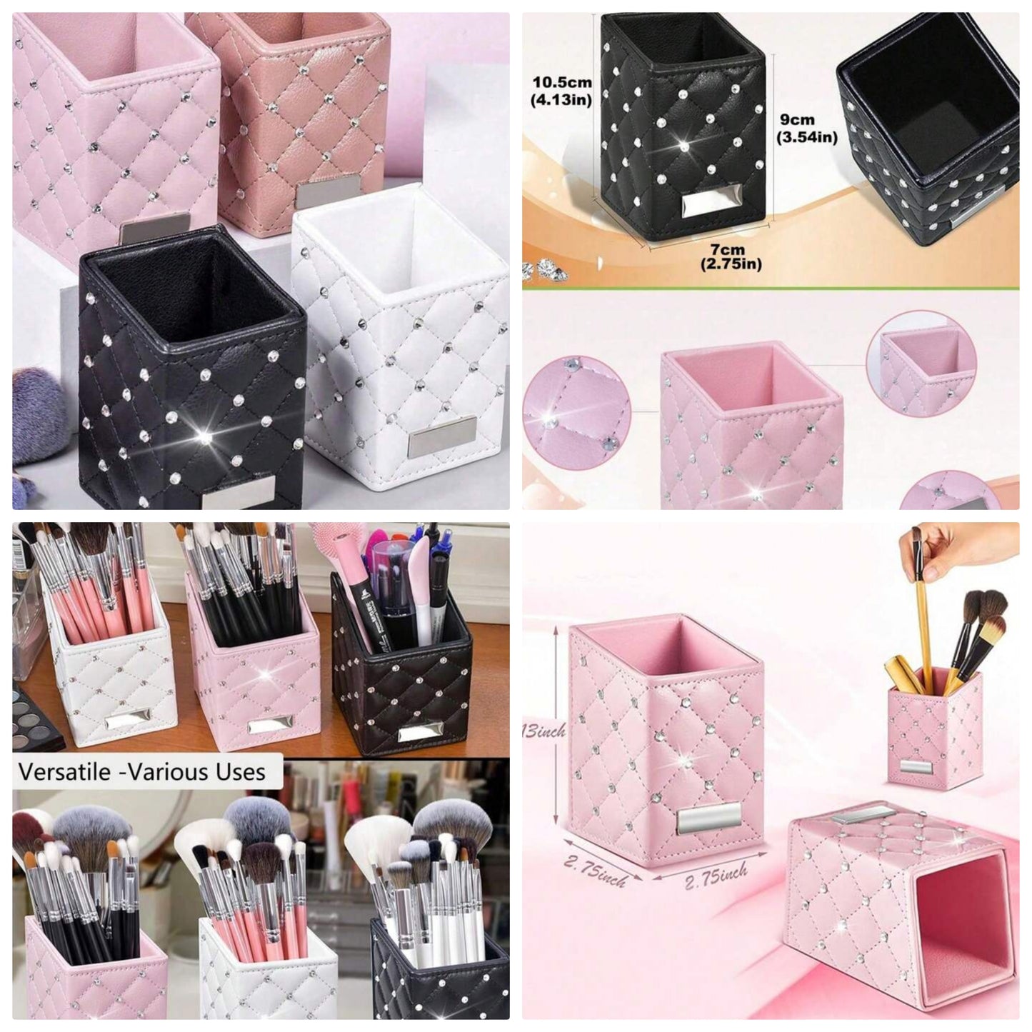 1pc PU Leather Waterproof Glitter Makeup Organizer, Holds Makeup Brushes, Lipstick, Makeup, Tweezers, Eyelash Curler - Cosmetic Storage Organizer For Vanity