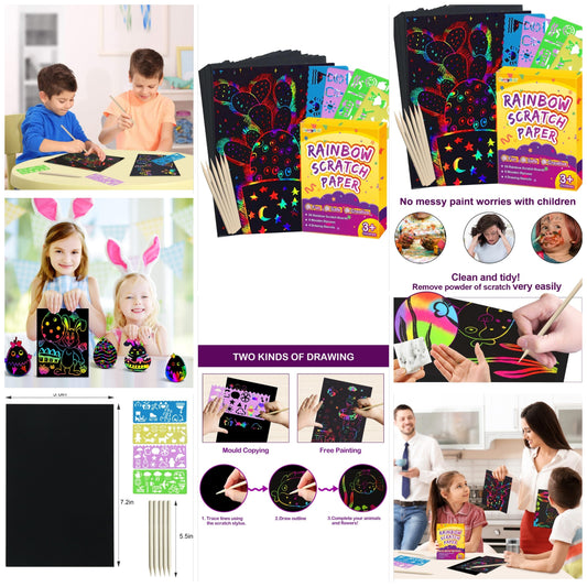 Rainbow Scratch Paper Art for Kids - 60 Pcs Magic Rainbow Scratch Paper Off Set Scratch Easter Crafts Arts Supplies Kits Pads Sheets for Party Games Christmas Birthday Easter Gifts