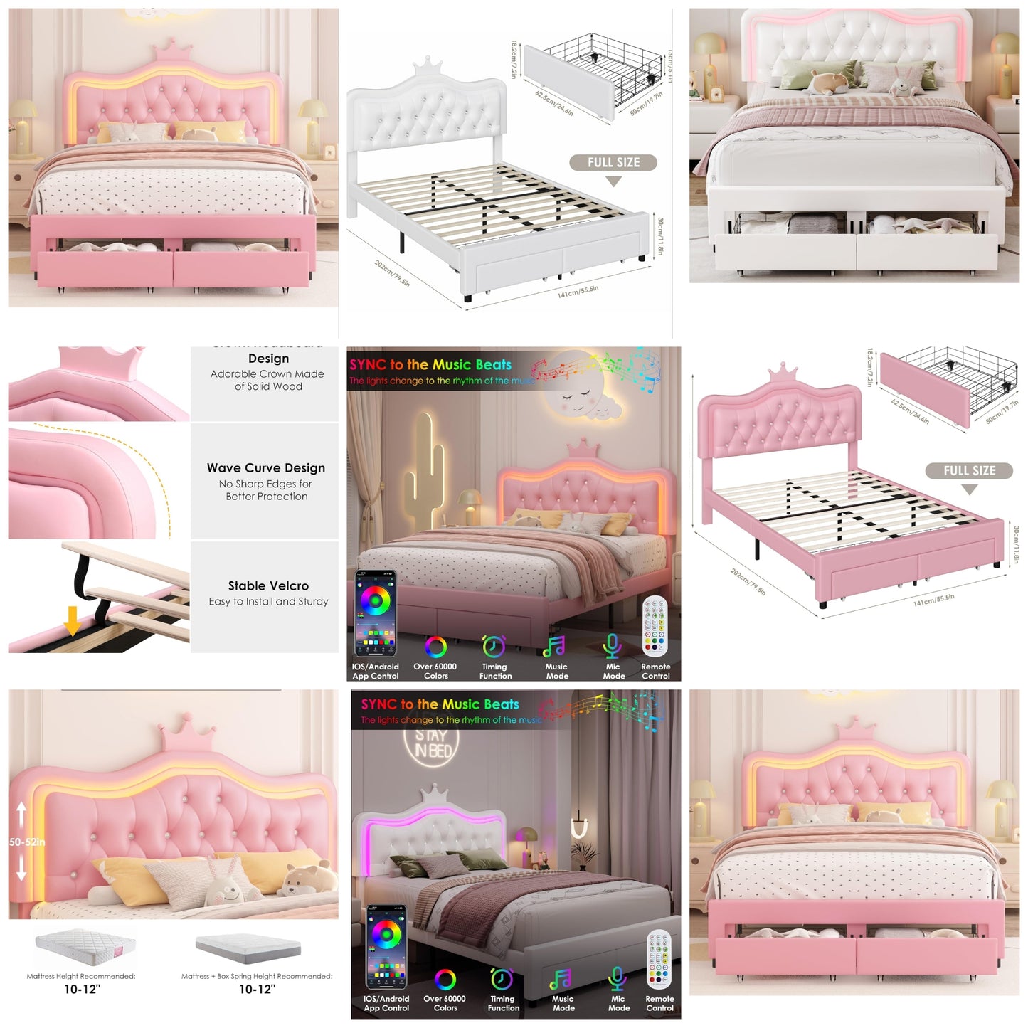 Upholstered LED Bed Frame with Storage Drawer, Leather Princess Platform Bed with Adjustable Crystal Button Tufted Crown Headboard, Solid Wooden Slats Support, No Box Spring Needed,