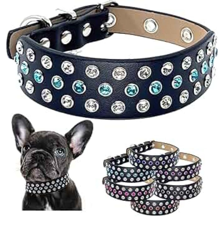 Rhinestone Pet Collar with Fancy Aqua Bling Stones Studded in Wide Black Microfiber Leather, Designer Details Adjustable for Boy and Girl Pets