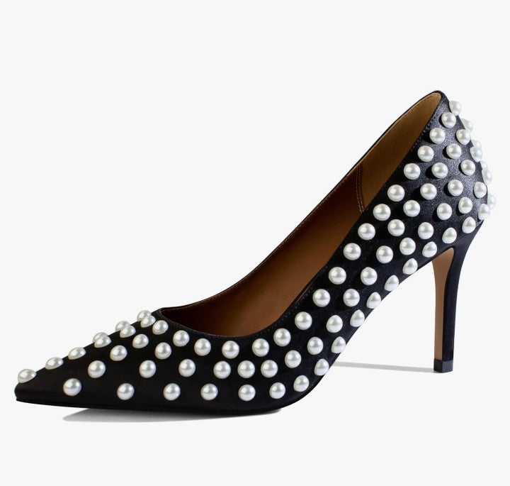 Sexy Stiletto High Heel Pumps Chic Pearl Studded Slip-on Shoes Satin Pointed Toe Fashion Dress