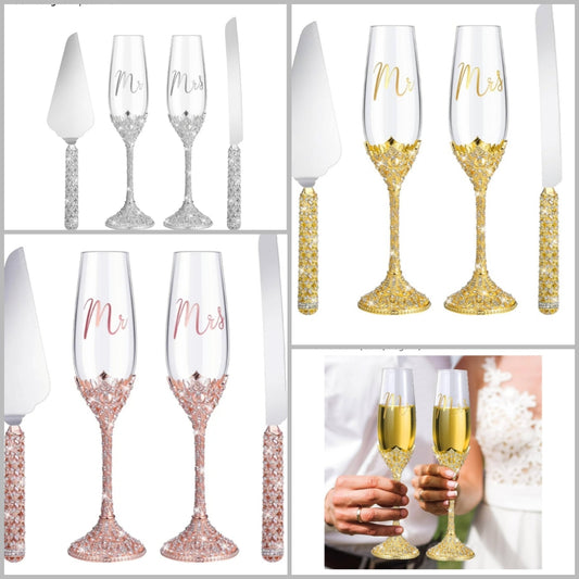 4 Pcs Wedding Cake Knife and Champagne Flutes Server Set, Toasting Crystal Rhinestone Champagne Flutes Glasses Cake Knife Pie Server Wedding Gifts for Couple Bride Groom (Rose Gold,Elegant)