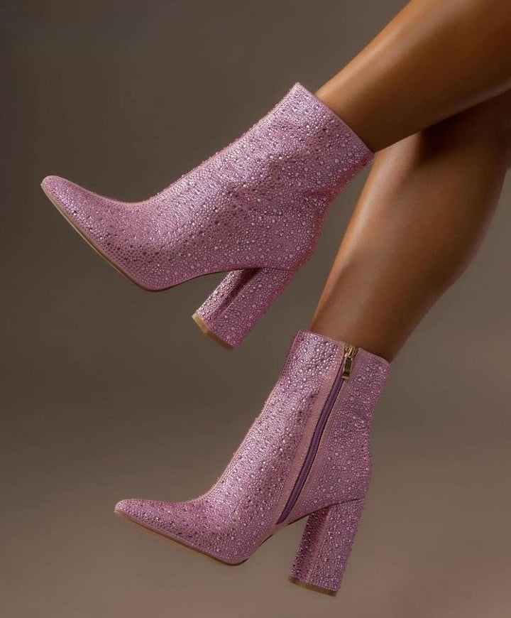 Women's Rhinestone Block Heel Mid Calf Ankle Booties Short Knee High Boots Runway