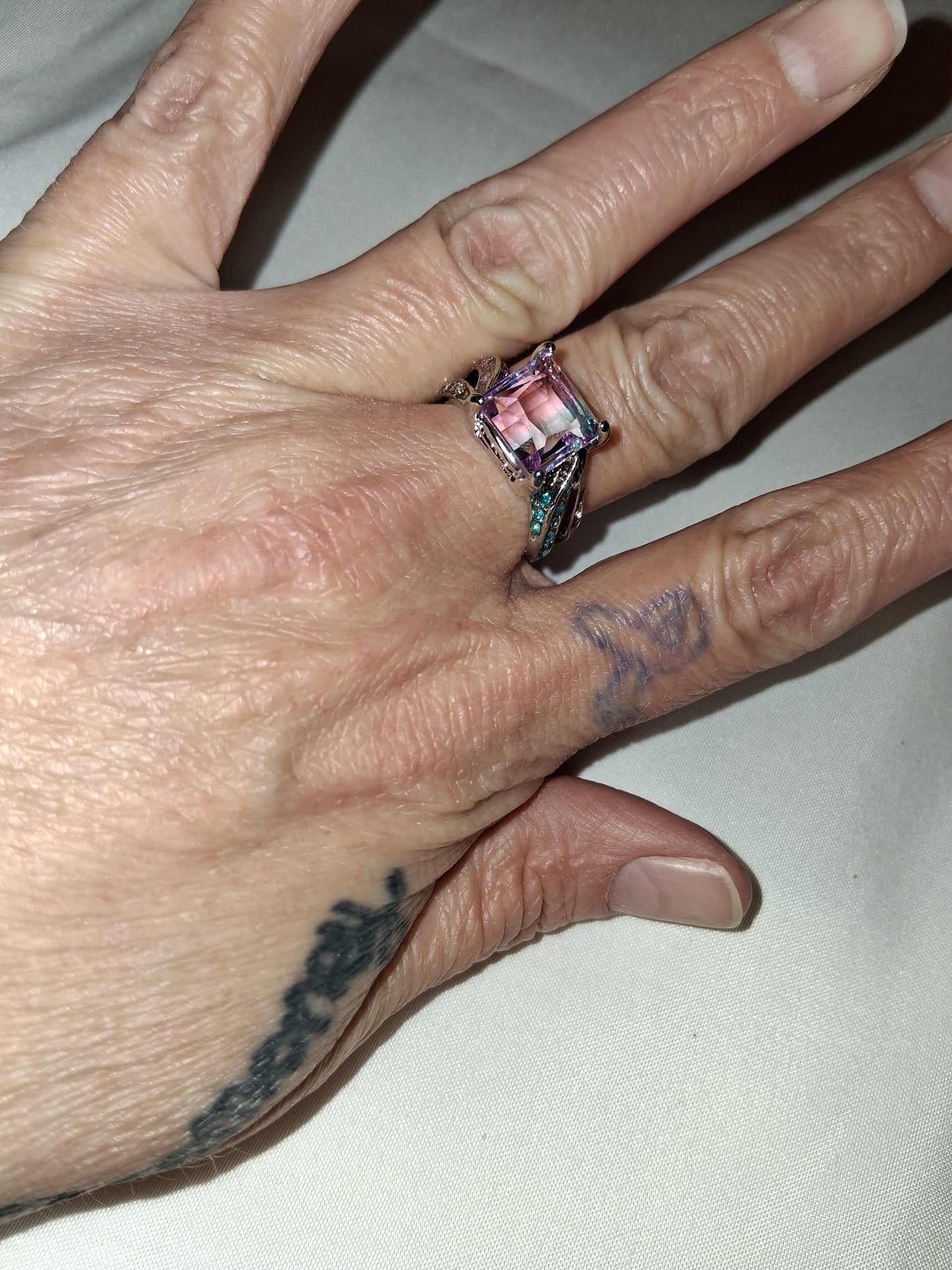 Costume silver plated pink blue ring size 10