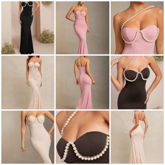 Pearl Embellished Bustier Mermaid Maxi Dress, Women Dresses, Prom Dress, Part Women Dresses, Wedding Dress, Elegant Women Dresses, Valentine Day Dress, Formal Women Dresses, Pink Dress. For Date Night, Concerts, Performances, Wedding, Parties, COCOMONEY