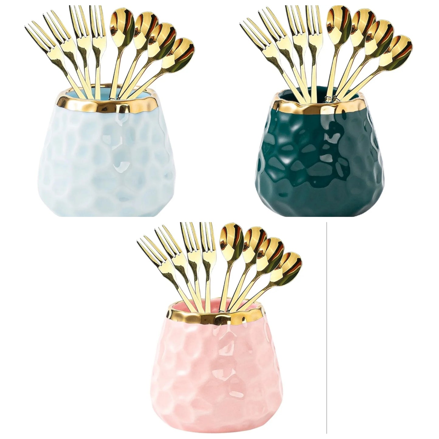 Dessert Fork set, Ceramic Jar with 8 Small Forks, Salad, Fruit, Party, Cake, Camping Cutlery set (Pink Ceramic Jar+4 Spoons+4 Forks)