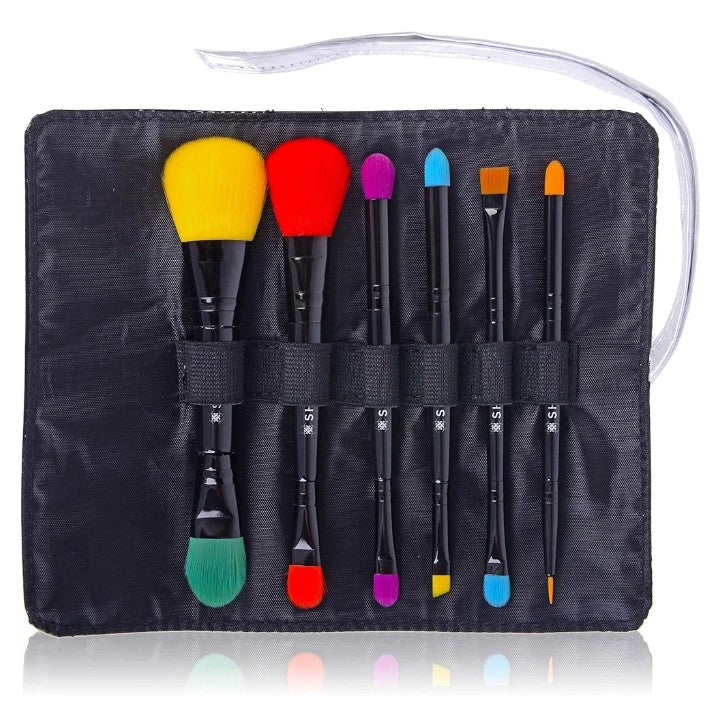 Vegan Makeup Brushes - LUNA - 6 PC Double Sided Travel Make up Brushes with 12 unique Bristles - with Brush storage Pouch - Synthetic