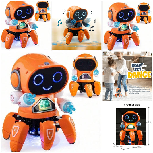 6-Leg Dancing Robot Toy, Children Cute Electric Rotating Light & Music Robot, Moving Forward/Backward With LED Eyes, & Holiday Gift, Suitable For 3 and up pp