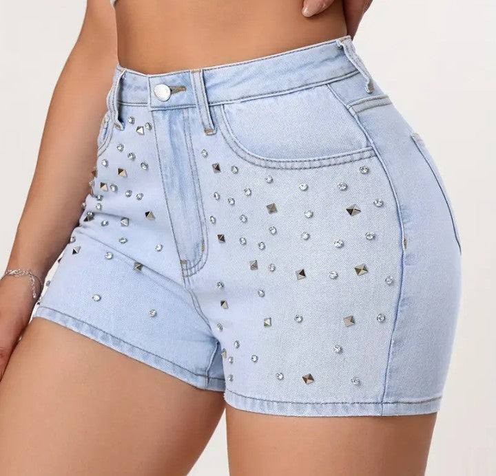 COCOMONEY DENIM RHINESTONE shorts