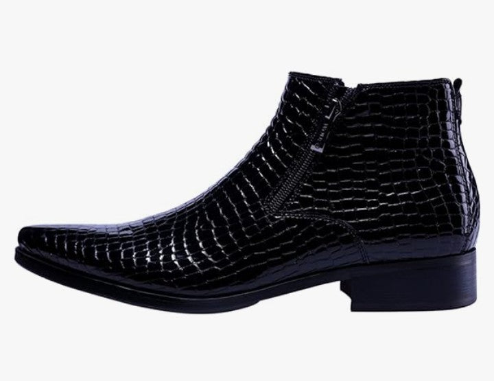 Men's Ankle Patent Leather Fashion Plaid Zipper Pointed Toe Casual Boots