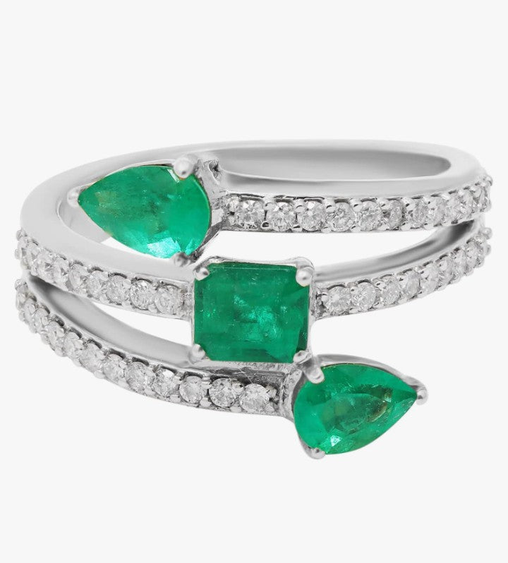 COCOMONEY Green Emerald Diamond Bypass Ring 18k Gold Handmade Vintage Ring Art Deco Women Rings For Her May Stone Jewelry Mother Gold Jewelry Ring