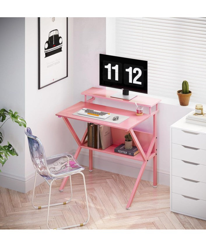 Computer Desk, 27.5 inch Desk for Small Spaces with Storage, Compact Table with Monitor & Storage Shelves for Home Office, Modern Style Laptop Desk,