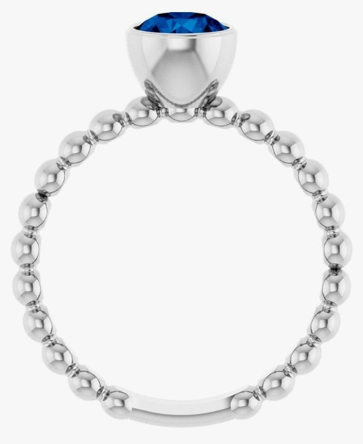 COCOMONEY 14k White Gold Bezel-Set Blue Sapphire Family Stackable Beaded Fashion Ring Fine Jewelry For Women Gifts For Her, Size 7
