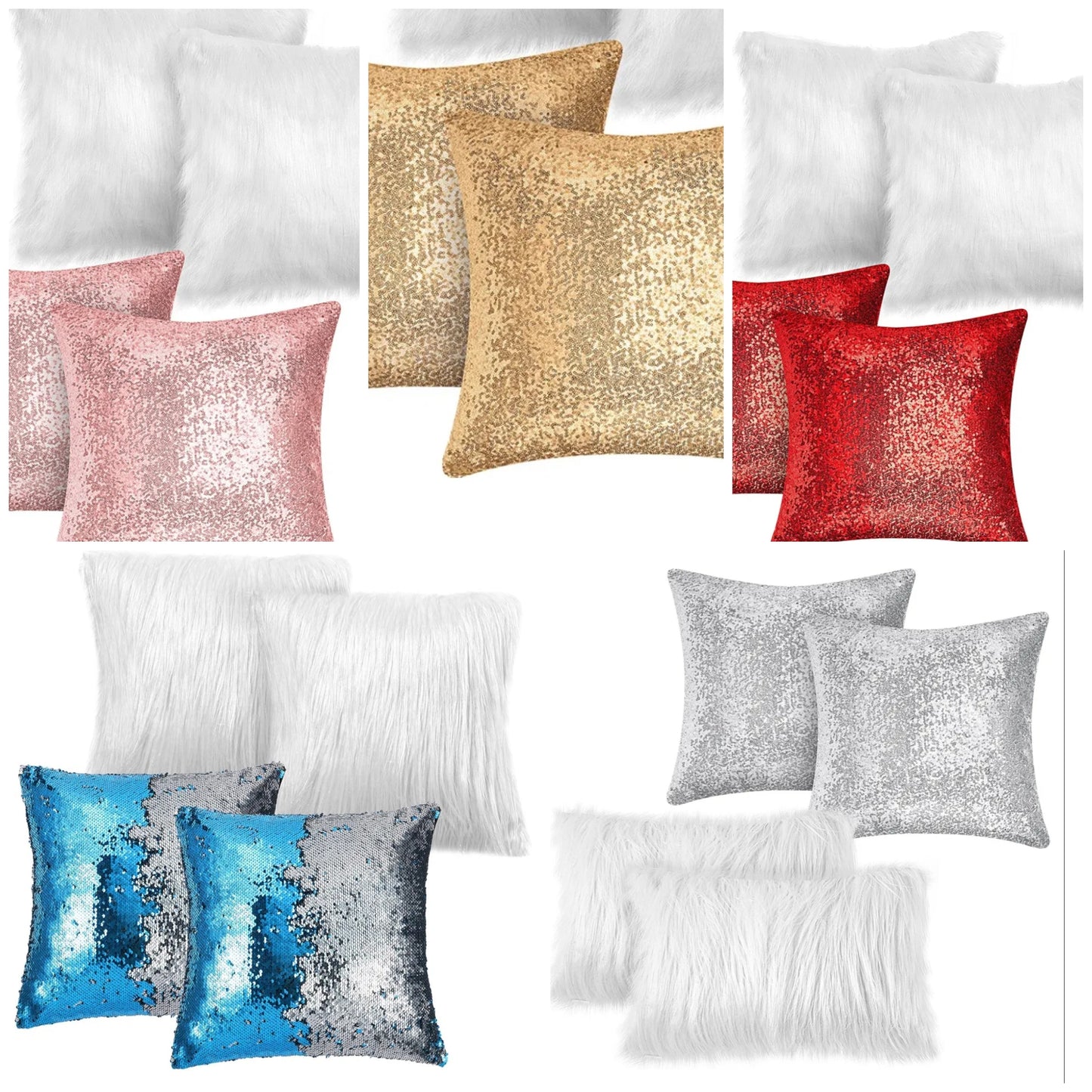 4 Pcs Sequin and Fluffy Pillow Covers Winter Faux Fur Throw Pillow Cases Glitter Bling Soft Fuzzy Cushion Cover for Couch Bed Sofa Xmas Day(18 x 18 Inch, 12 x 20 Inch,Silver