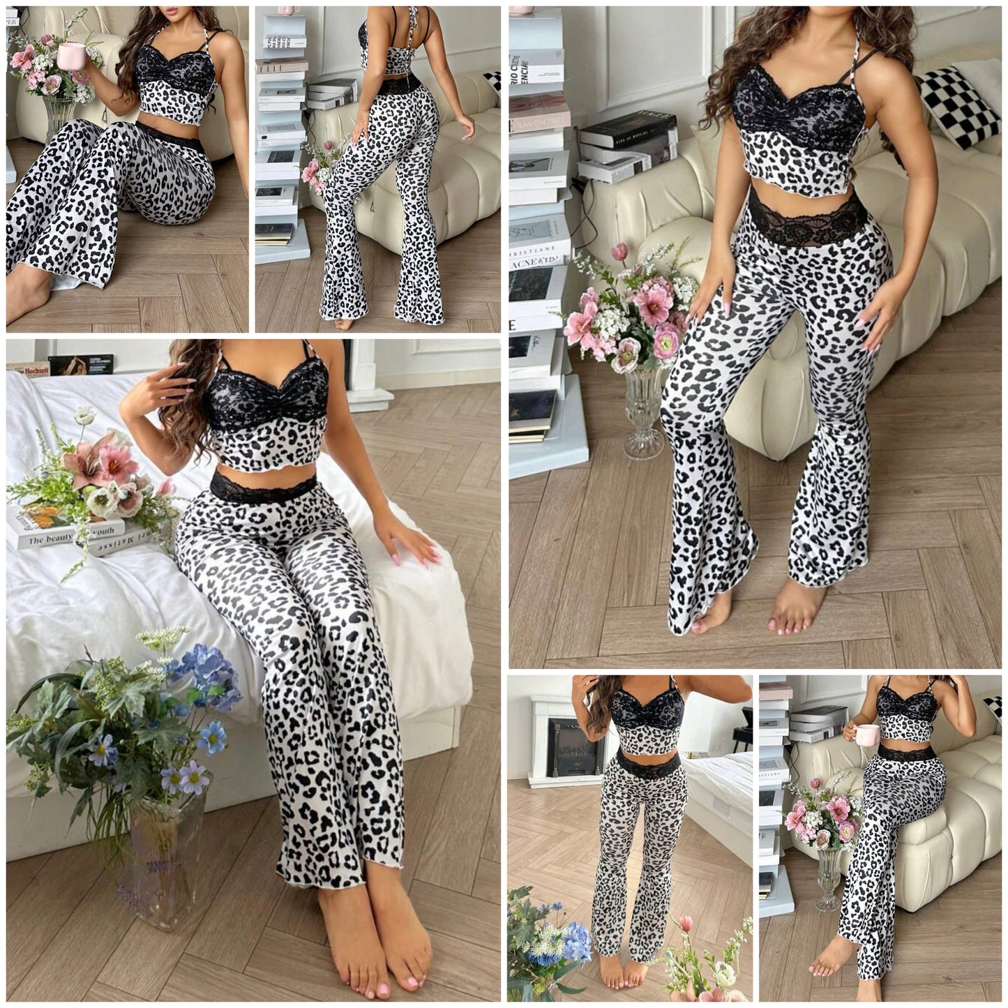 Sexy Spaghetti Strap Leopard Lace Patchwork Tank Top And Tight Flared Pants Women Sleepwear Set