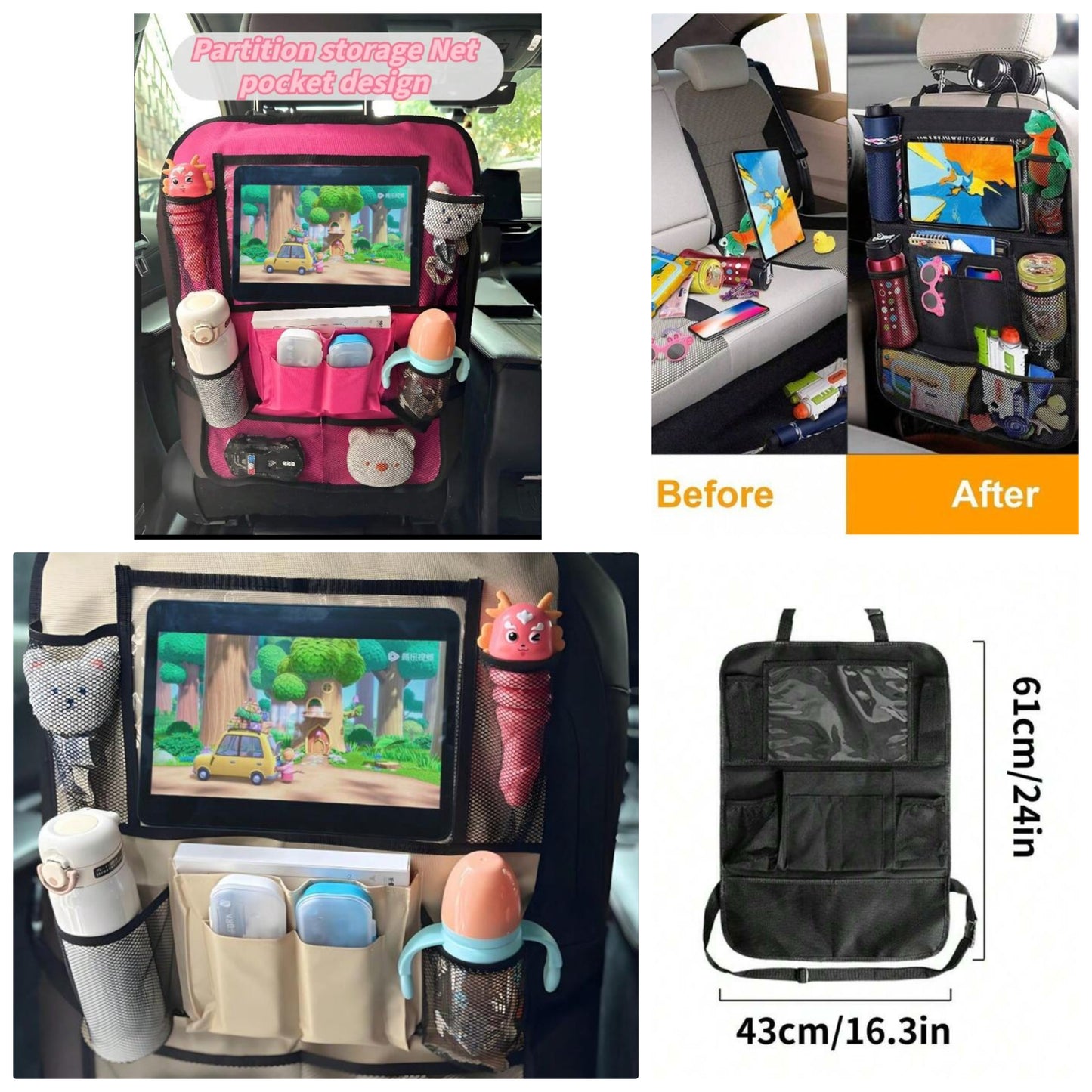 1pc Car Organizer Seat Back Storage Bag Multifunctional Black Hanging Bags Storage Bags For Tablets, Snacks, Water Cups, Toys, Etc.Car Stowing Tidying Pocket Interior Accessories 100%polyester