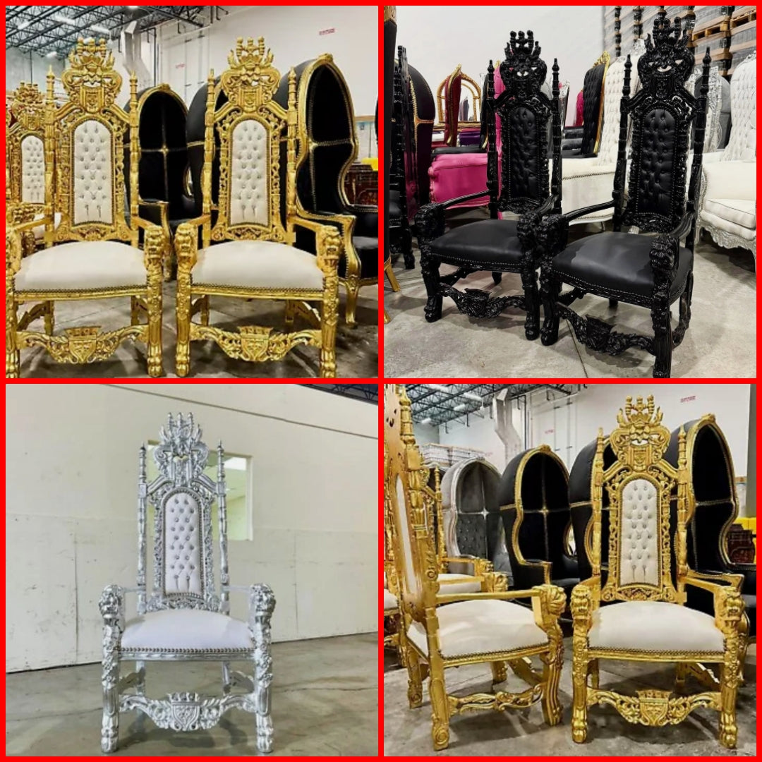 French Medieval Style King Throne Chair with Leather and Gold Leaf Details on the Gold chair Silver Leaf on the Silver chair and Black Lacquer on the Black chair