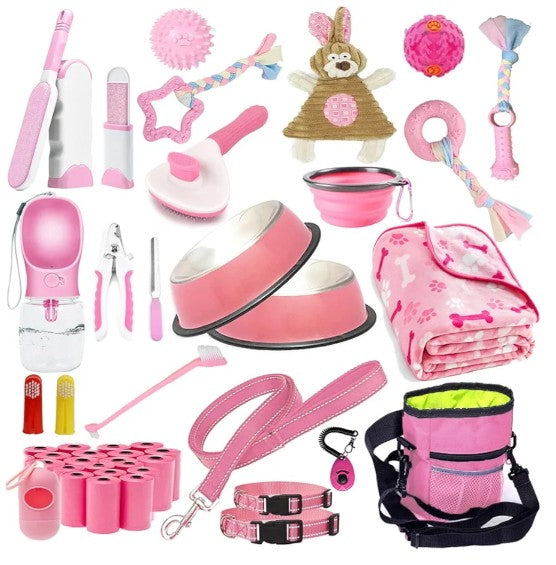 39-Piece Set of Puppy Essentials and Dog Stuff.Includes Dog Leash, Toys, Bowl, Brushes,and More.Perfect Welcome Home Present for Your New Puppies