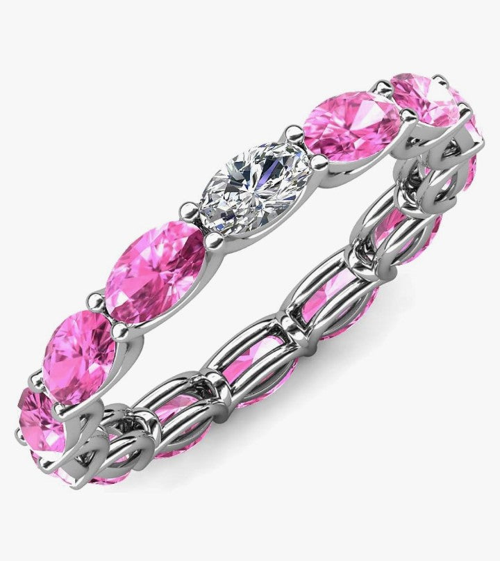 COCOMONEY Oval Lab Grown Diamond & Pink Sapphire 4-3/8 ctw in gorgeous drape like basket setting eternity stackable ring 14K Gold