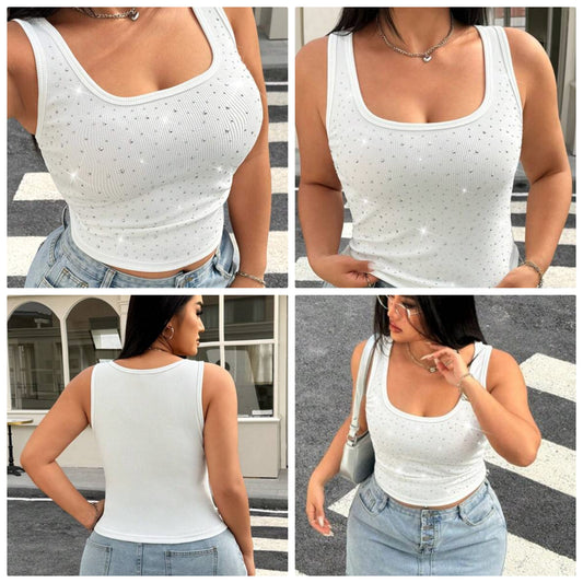Plus Size Casual Rhinestone Embellished Shorts COCOMONEY Casual Elegant Vacation Work/Office Tank Top, For Everyday Wear Summer /Spring