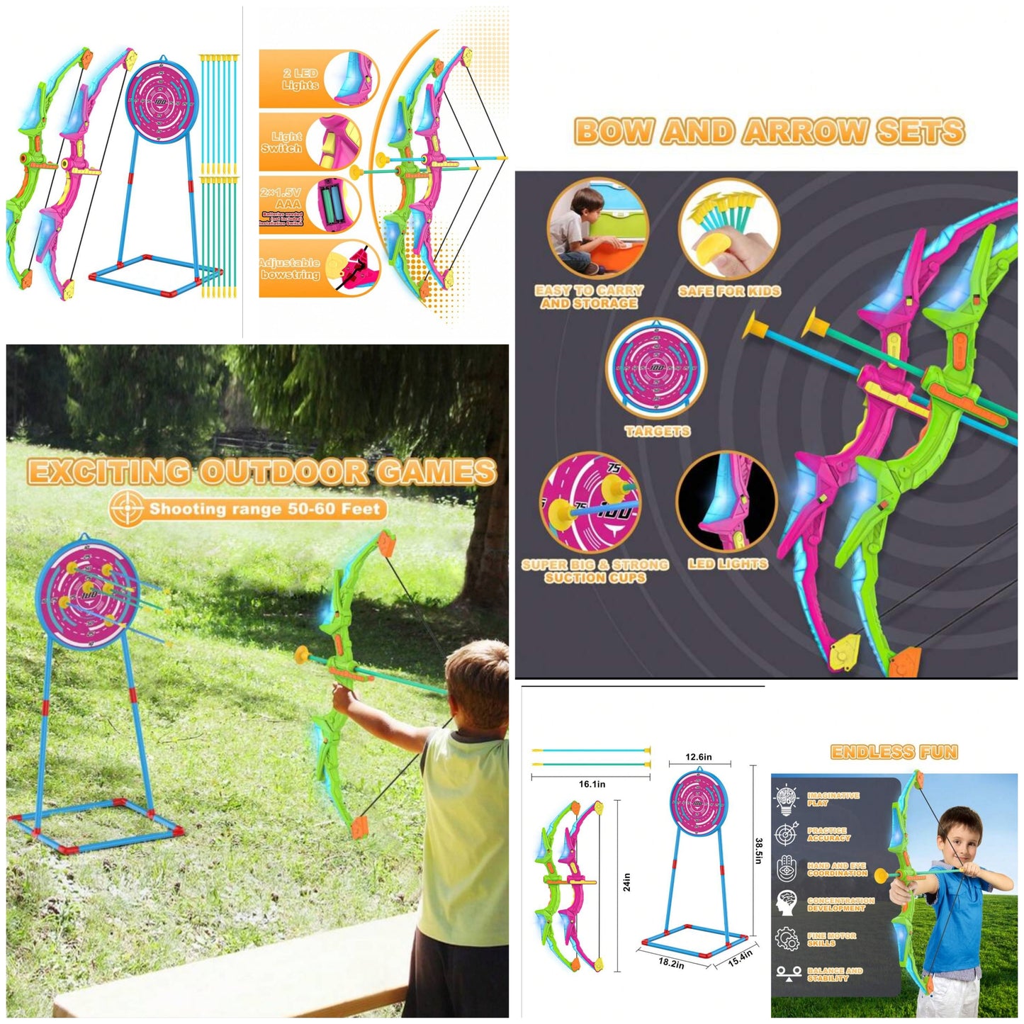 2 Pack Kids Bow and Arrow Set with LED Flash, 14 Sucker Arrows and Standing Target. Rose Red and Apple Green Outdooor Archery Toy, Festival Birthday Gift for Boys and Girls Aged 3 and up