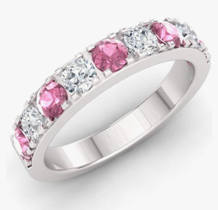 COCOMONEY Natural and Certified Gemstone and Diamond Wedding Ring in 10K White Gold | 0.92 Carat Half Eternity Stackable Band for Women, US Size 6