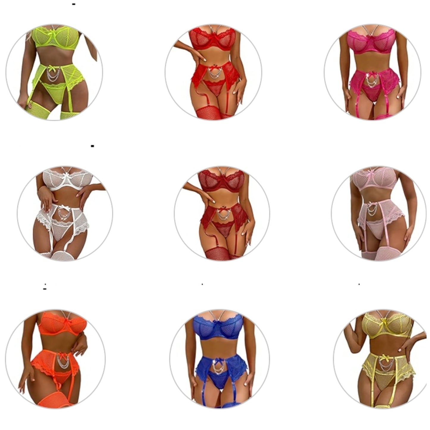 Sexy Eyelash Fishnet Lingerie Set Chain Babydoll Underwire Bra and Panty Sets with Garter Belt 4 Pieces