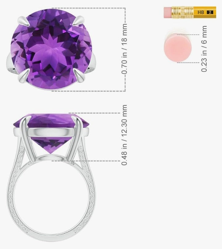COCOMONEY Natural Claw-Set GIA Certified Solitaire Round 2.36 ct Amethyst Split Shank Ring with Scrollwork in 14K Solid Gold/Platinum for Women Jewelry for Women