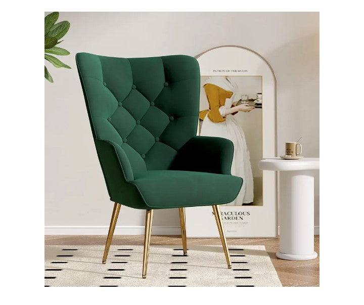 Mid Century Modern Accent Chair, Velvet Upholstered Armchair with Metal Legs, Tufted Button Wingback Side Chair, High Back Reading Chair for Living Room Bedroom