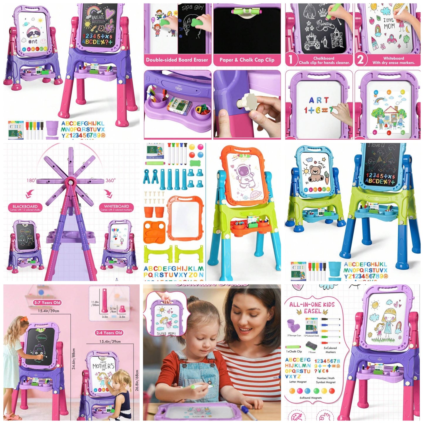Easel For Kids, 4 In 1 Double Sided Kids Art Easel With Magnetic White Board & Chalk Board, Adjustable Standing Toddler Easel With Drawing & Writing Accessories