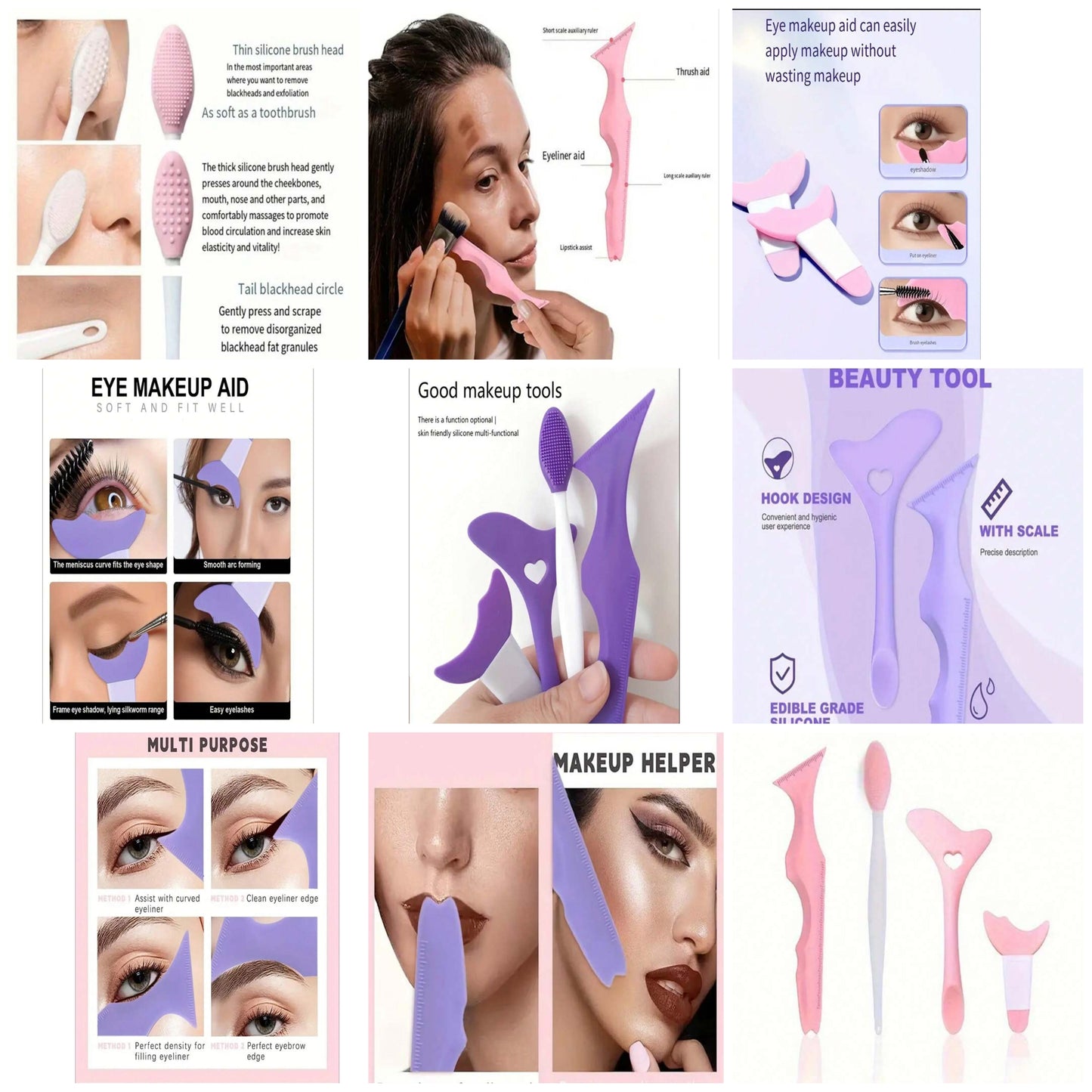 7pc Silicone Eyeliner Template - Wing Tip, Mascara, Lipstick, Cream Mask applicator - Makeup beauty tool, perfect for application