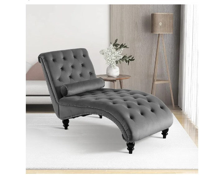 Velvet Chaise Lounge Indoor with Toss Pillow, Modern Pink Chaise Lounge Chair, Upholstered Armless Velvet Chairs with Tufted Buttons and Nail Heads for Living Room, Bedroom Furniture