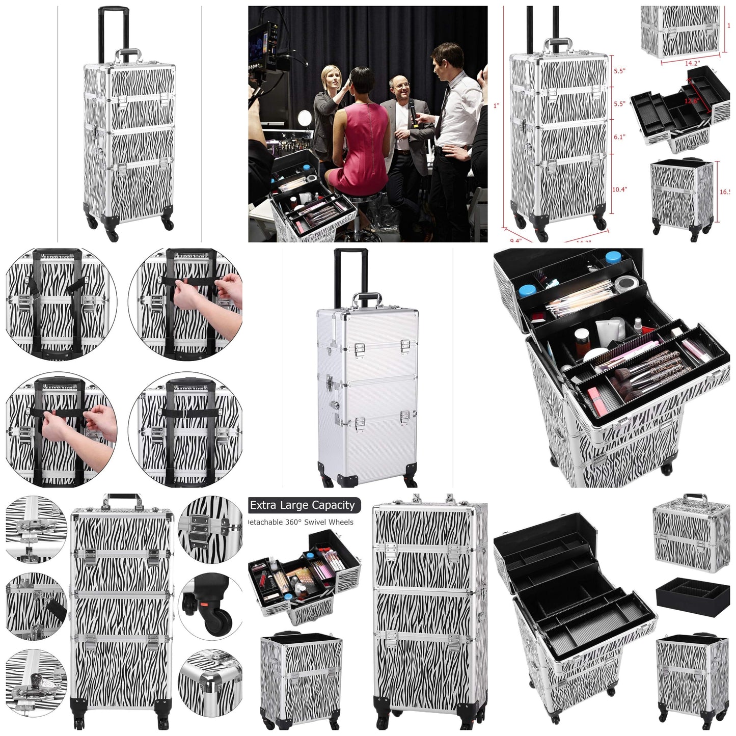 3 in 1 Aluminum Rolling Makeup Trolley Case,Professional Aluminum Rolling Cosmetic Trolley Train Case,Portable Makeup Organizer Suitcase,with Wheels,for Nail Tech Hairstylist Barber (Zebra Print)