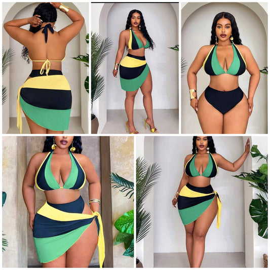 Plus Size Women Beach Vacation Brazilian Color-Block Triangle Bikini Top With High Cut Thong Bottom And Wrap Sarong 3-Piece Swimwear Set COCOMONEY