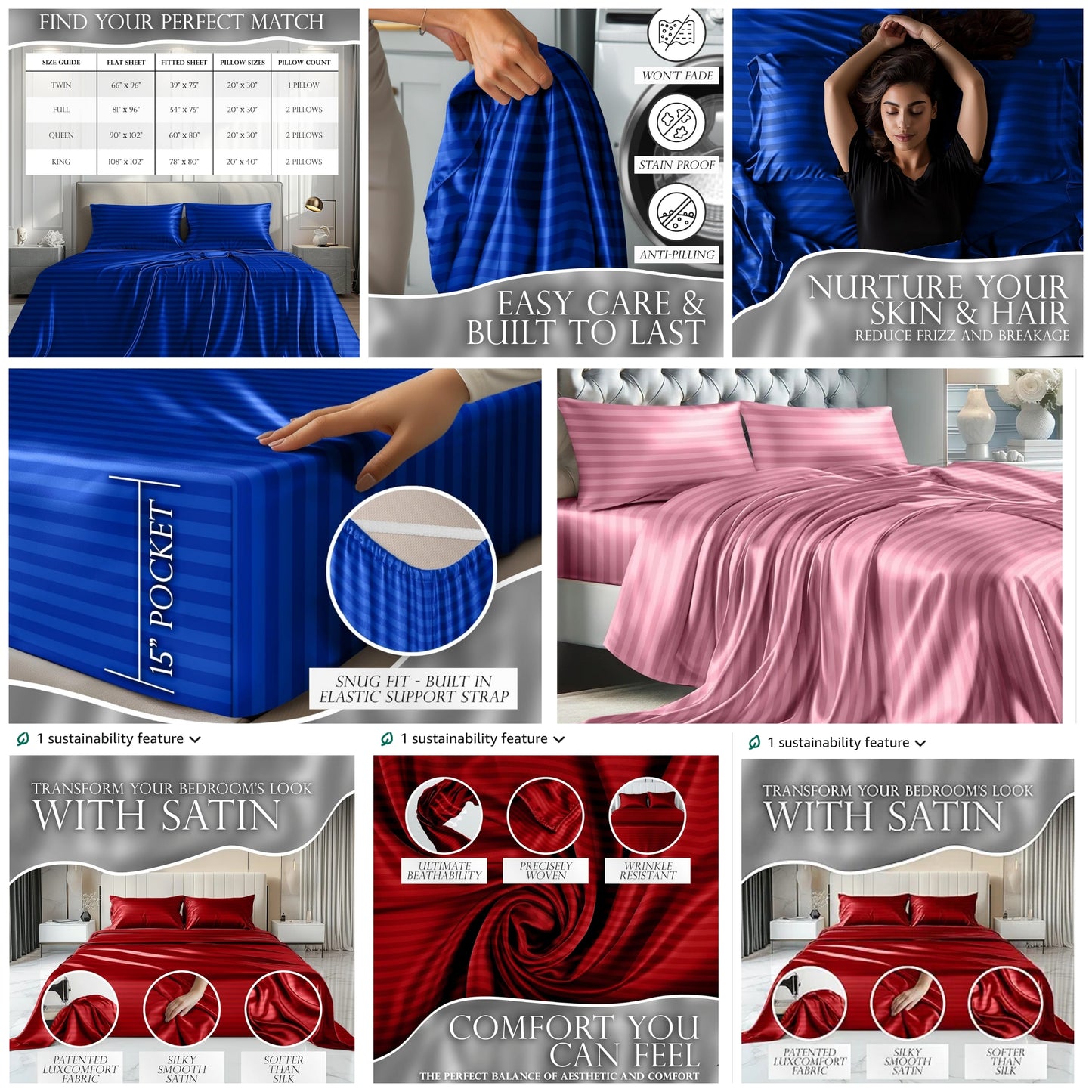 4 Piece Luxury Silky Queen Size Bedding Set - Softer Than Silk, Wrinkle-Free with 15” Deep Pocket Fitted Sheet, Perfect for Hair & Skin,