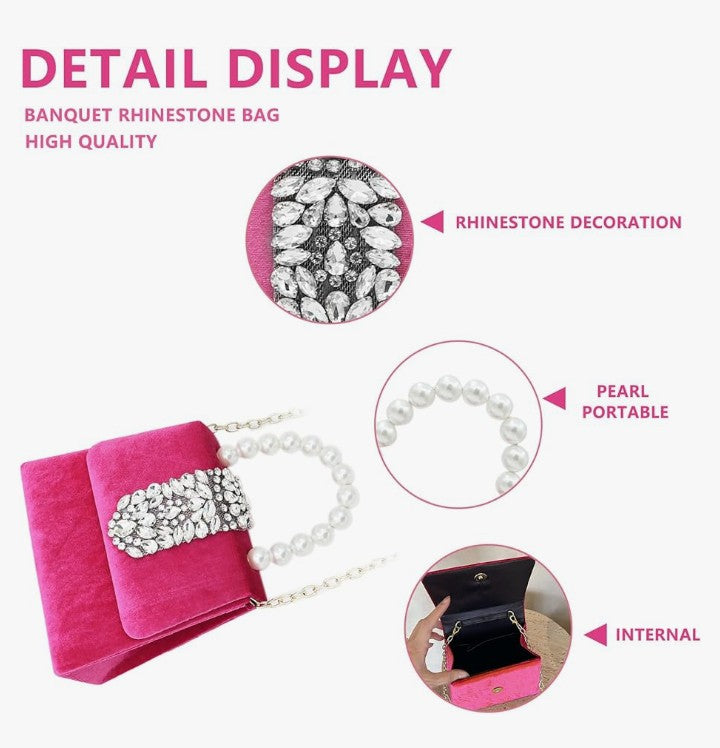 Clutch Purses for Women, Satin Evening Bag, Hot Pink Small Tote Bag, Twinkle Rhinestone Clutch Purses, Pearl Handles, Crossbody Bags for Wedding, Prom, Parties, Travel